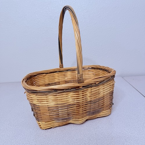 Vtg woven bamboo rattan basket - bamboo,