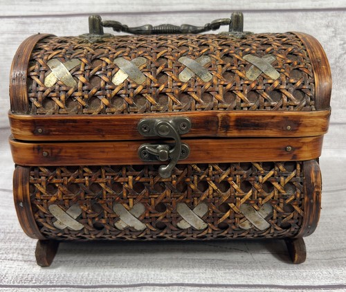 Vintage woven bamboo box metal - box,