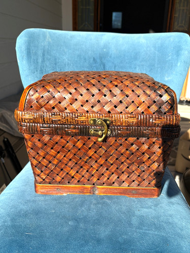 Vtg woven bamboo wicker basket - woven,